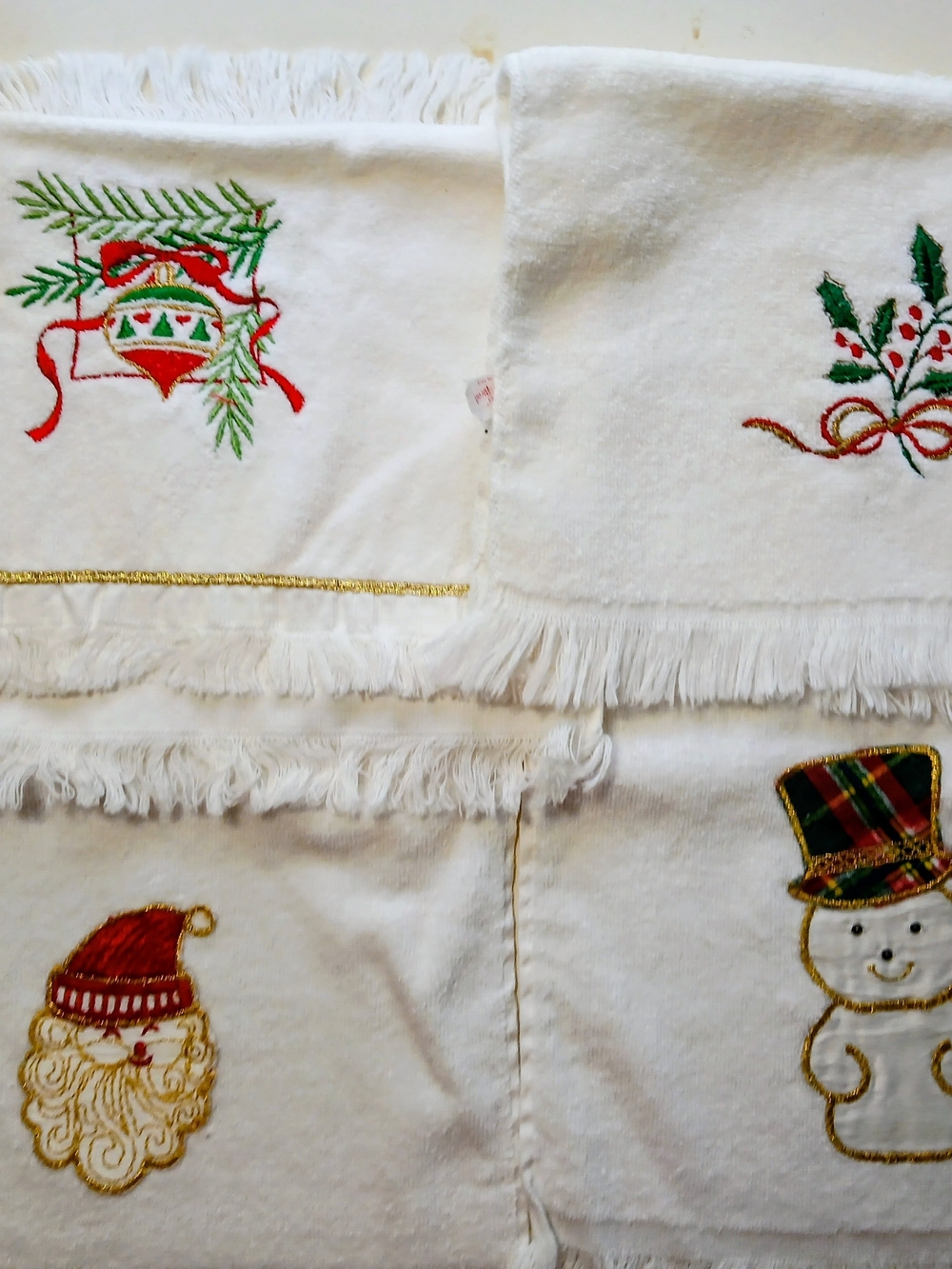 White Holiday Embroidered Fringe Kitchen Towels - Festive Snowman & Santa